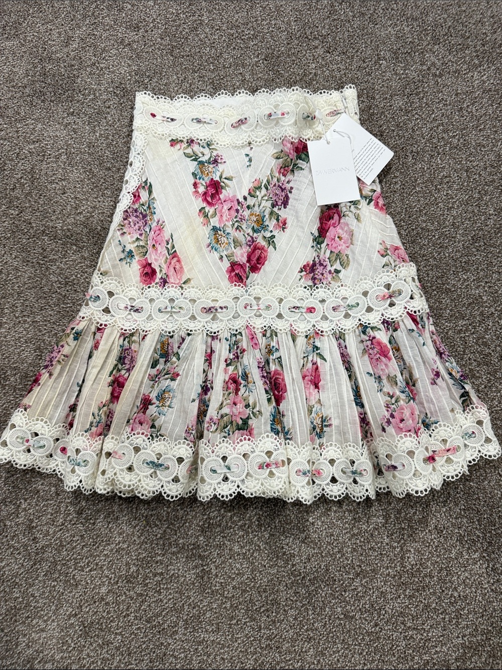 Zimmermann Cream Floral Lace-Trim Skirt with Pink Roses